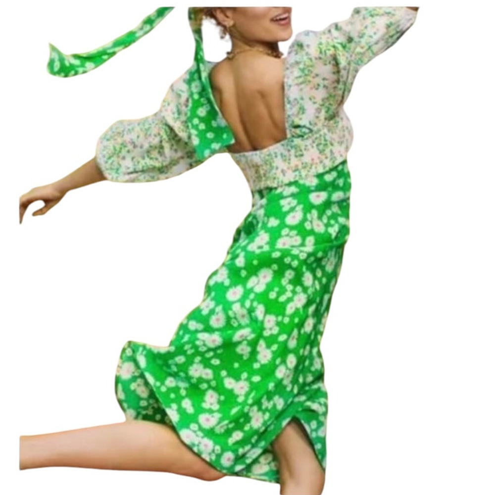 NWT RIXO Target Daisy Green Pink V Neck Floral Rushed Midi Swing Dress Size 12 - Picture 2 of 10